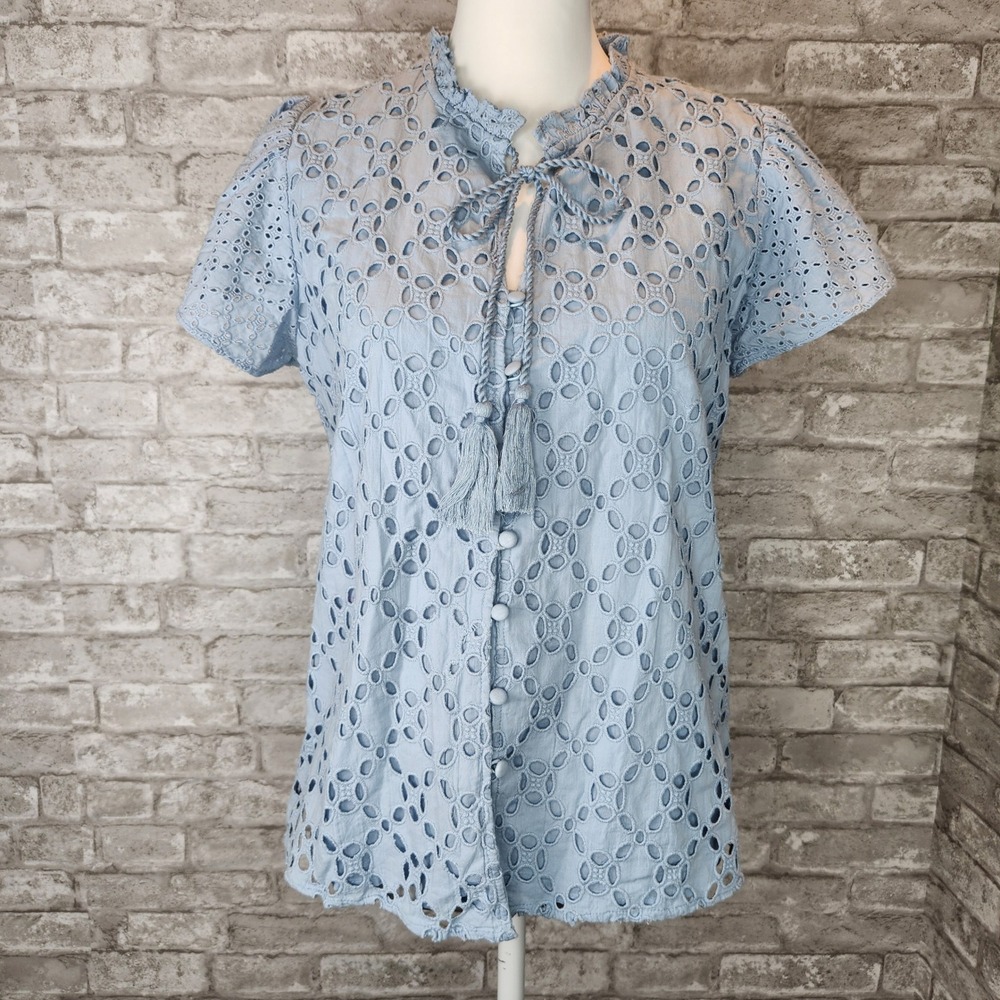 Chelsea & Theodore Blouse Eyelet Tassel Ruffle Ash‎ Blue Boho Medium